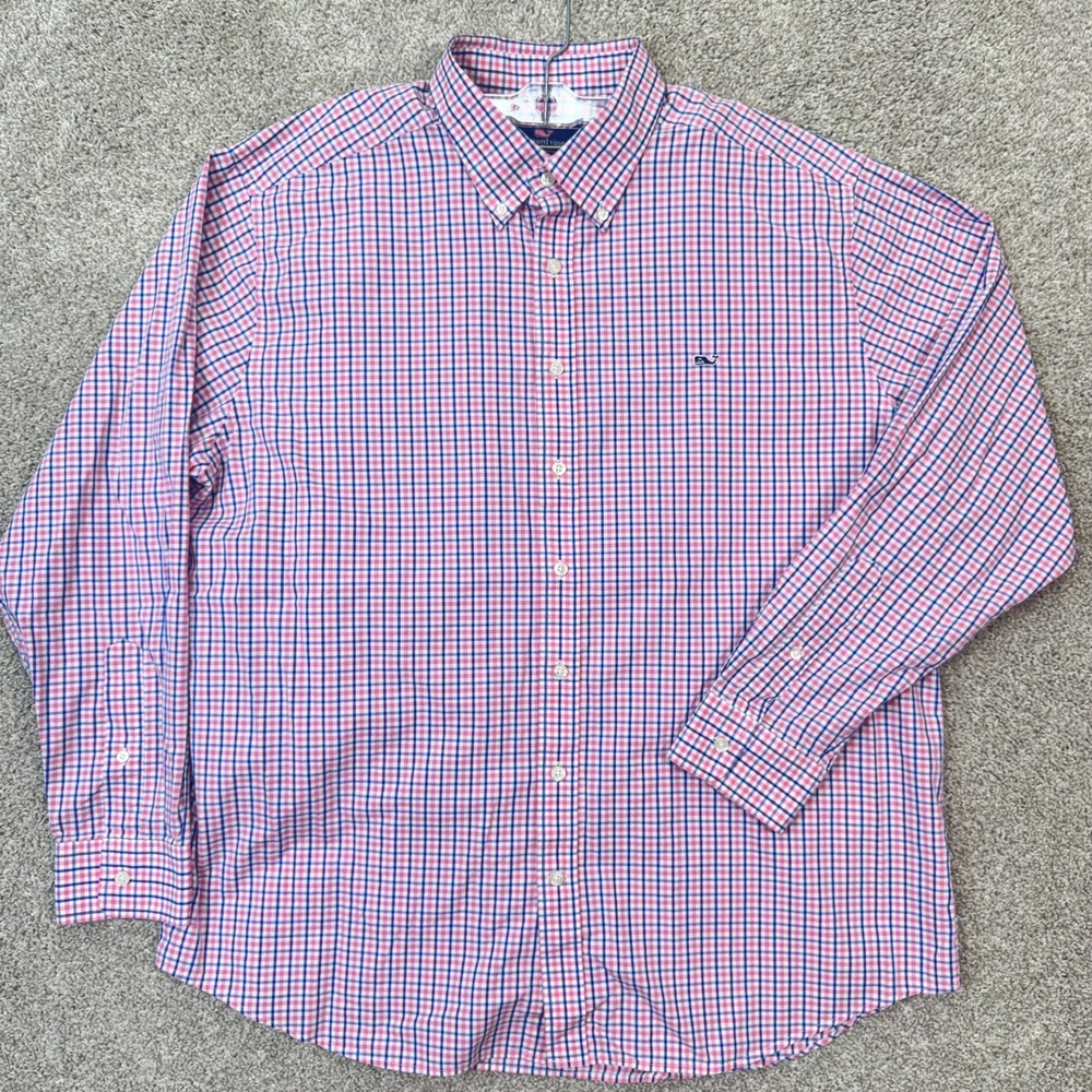 Vineyard Vines Button Down Mens XXL Pink Blue Gingham Slim Fit Whale Shirt